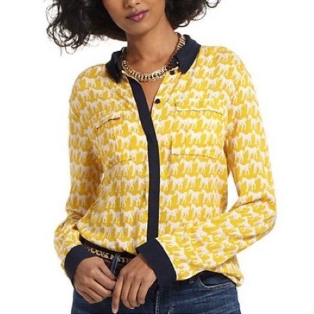 Anthropologie Maeve Equestrian Horse Print Mustard Buttondown  Rayon Shirt